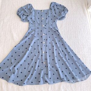 Women's Junior Blue Polka Dot Midi Dress, Blue, Size Small